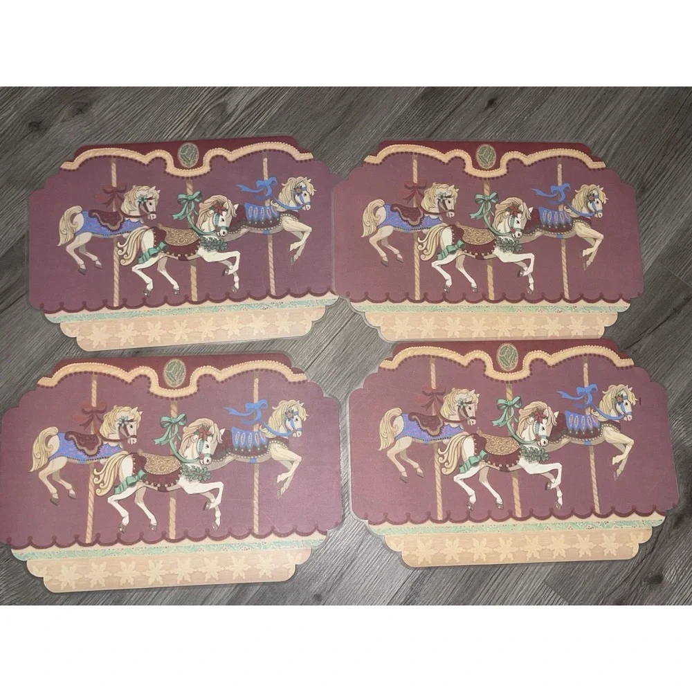 Vintage Reversible Set Of 4 Placemats W/ Carousel Horse Vinyl Made In‎ The USA